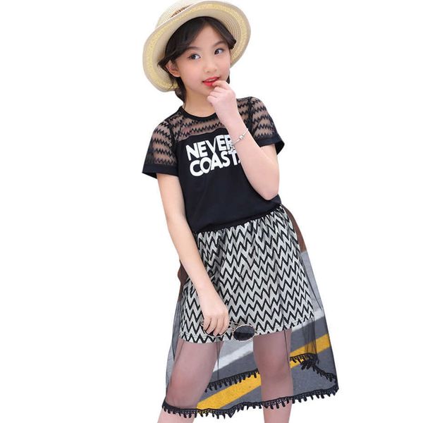 

kids beach clothes girls letter tshirt + skirt mesh costume for summer tracksuits children 6 8 10 12 14 210528, White