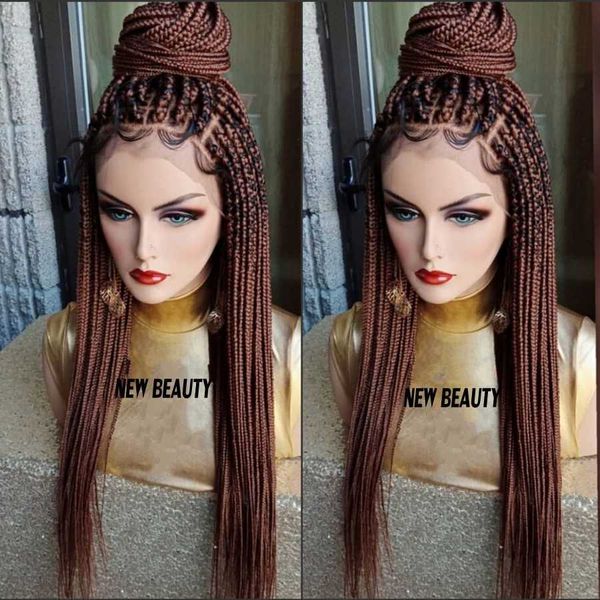 

#30 brown box braids wig with baby braid lace front for women africa women style braiding synthetic hair wig, Black