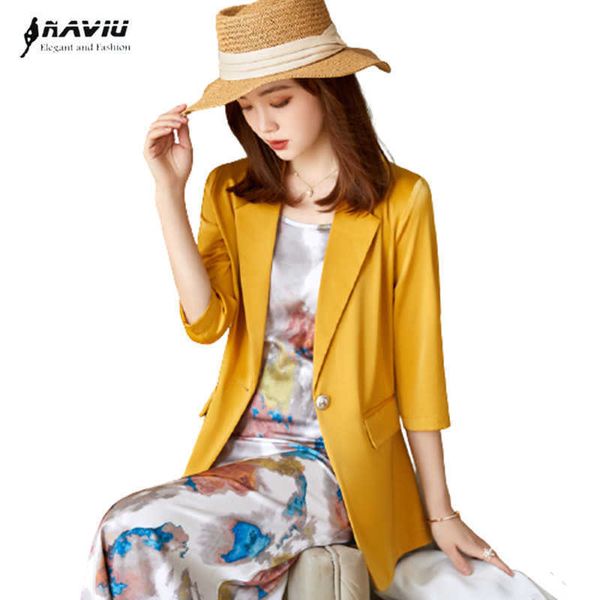 Желтый ацетат сатин Blazer женская летняя мода половина рукава тонкий формальный офис дамы бизнес рабочая пальто 210604