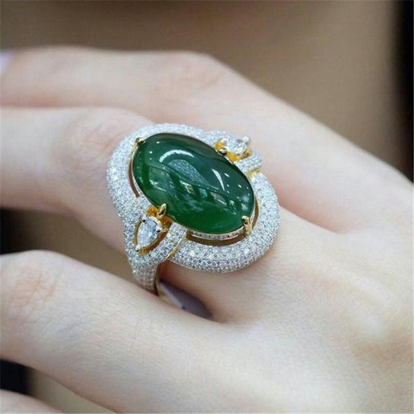 

cluster rings vintage dark green stone ring for women classic with white zirconia silver color wedding party statement jewelry, Golden;silver