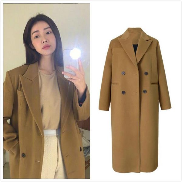 

women's trench coats kpop korean celebrity winter warm fashion vintage loose long women casual solid windbreaker big pocket cardigan ou, Tan;black
