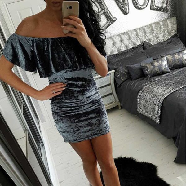

9228# one neck off shoulder tight solid color fashionable velvet dress, Black;gray