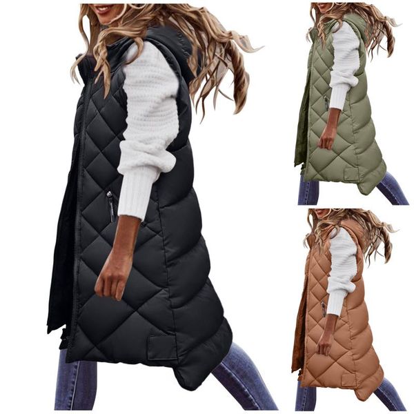 

women's vests soild long winter coat vest with hood sleeveless warm down pockets jacket quilted outdoor, Black;white