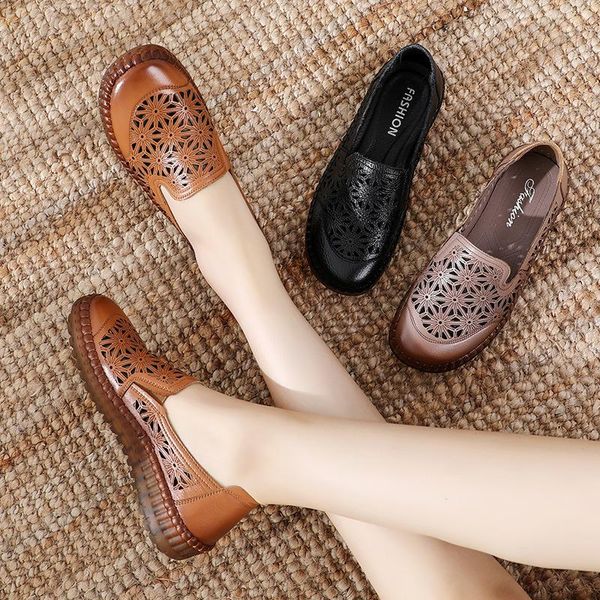 

sandals 2021 leather retro women flat ladies hollow out loafers shallow mothers' shoes woman with cover heel, Black