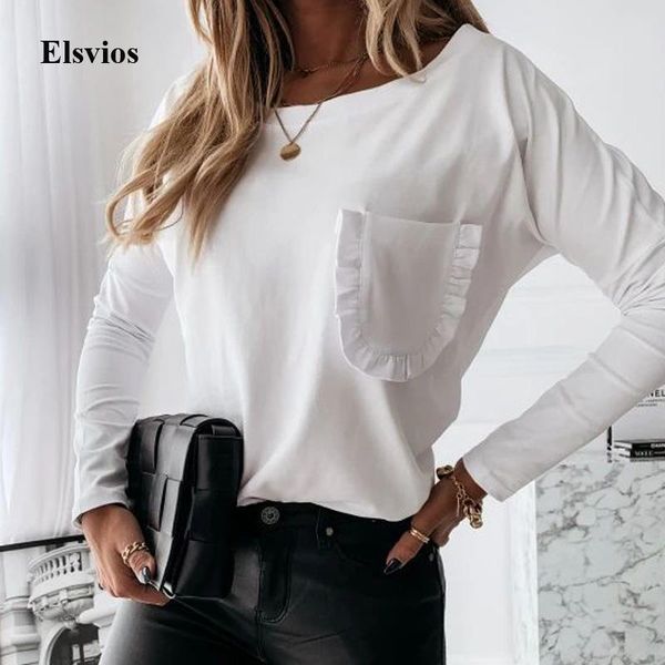 

women solid ruffle pocket blouse shirt 2021 autumn casual o-neck off shoulder pullover lady elegant long sleeve slim blusas women's bl, White
