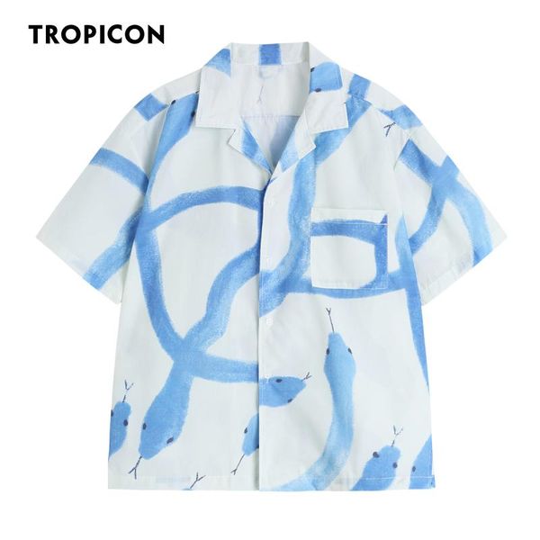 

women's blouses & shirts tropicon snake print blue and white button up shirt for women short sleeve cuba collared designer summer fashi
