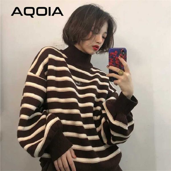 Inverno Chic Pullover Donna Dolcevita a righe Maglieria allentata Maglione Trendy Ulzzang Caldo Studente INS Cappotto Morbido Maglione quotidiano 211018