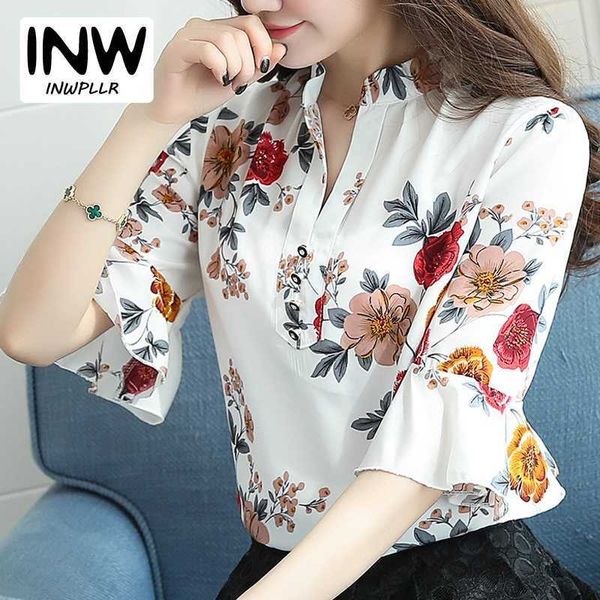 Blusas Femininas Мода Шифон Блузка Женщины Напечатанные Блузки Цветочные Печатные Рубашки Летние Дамы Топы Большой Размер 210721