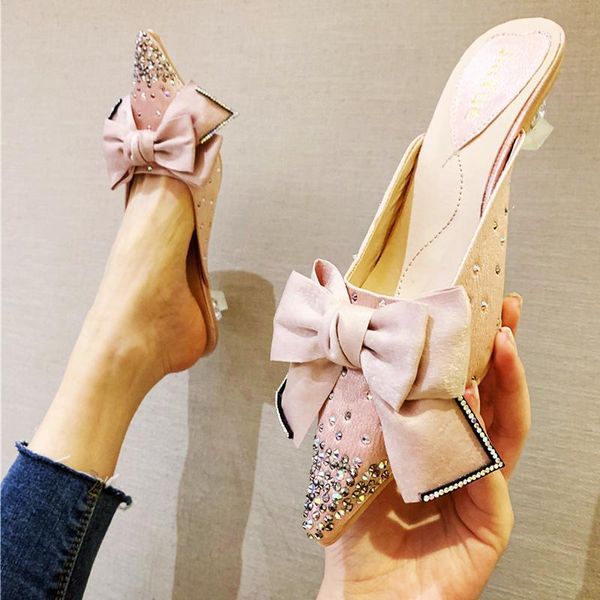 

spring pointed crystal wine glass stiletto single shoes all-match dress slippers sweet bow knot elegant rhinestone sandals women, Black
