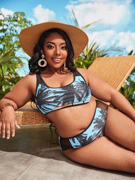 

plus coconut tree print bikini swimsuit m000#, Black