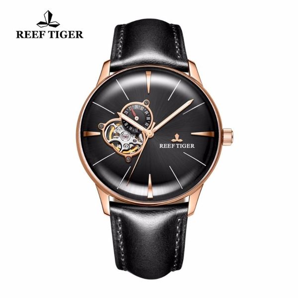 

reef tiger/rt men's luxury casual watches tourbillon convex lens rose gold automatic leather strap rga8239 wristwatches, Slivery;brown