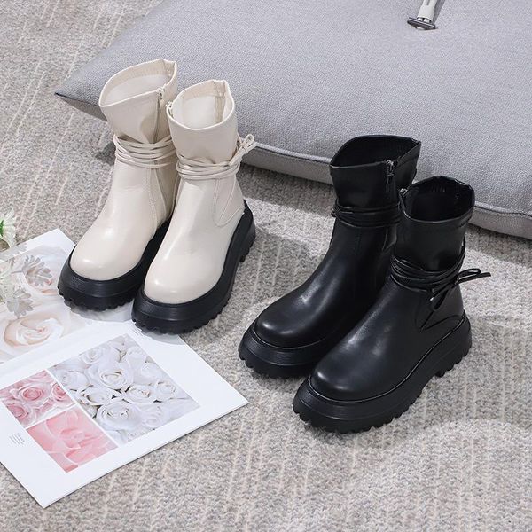 

boots women's winter round toe large size british short tube motorcycle wild thick-soled lace-up, Black