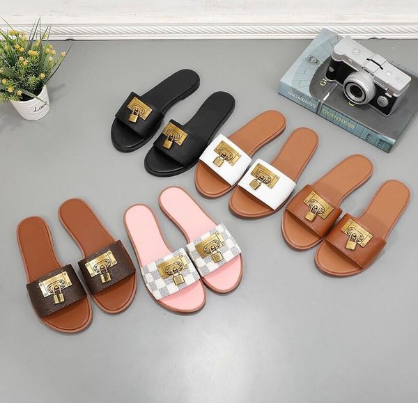 

fashion women's comfortable sandals ladies leather metal lock letter slippers shoes female casual sandal l22249, Black