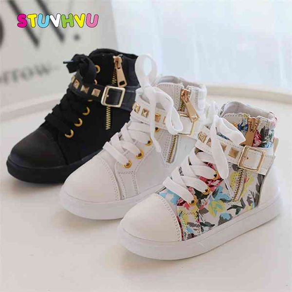 New Children's Shoes High-top Sapatos de lona para meninos e meninas Sneakers Primavera e outono New White Black Single Shoes Shoes 210329