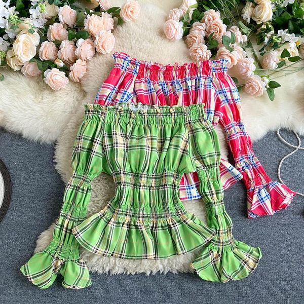 

women's blouses & shirts off-shoulder blouse flare sleeve stretch slim-fit short blusa nipped waist ruffled plaid female pl524, White