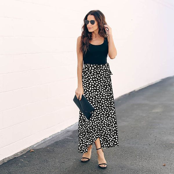 

skirts arrival long skirts women vintage polka dot print ladies clothing hight waist split a line elegant skirt fall fashion, Black