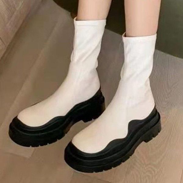 

boots metina women med calf motorcycle platform flat shoes round toe slip on lady footwear fashion flats autumn 41 white, Black