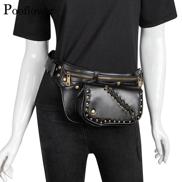 

pooflower phone coins pouch running bag punk pu leather men waist 2021 gothic crossbody chest heuptasje belt pack zh094 bags