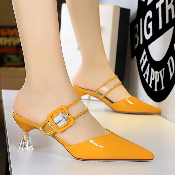 

slippers 2021 style summer women 6cm low high heels mules shales slides casual yellow strange fashion green shoes, Black