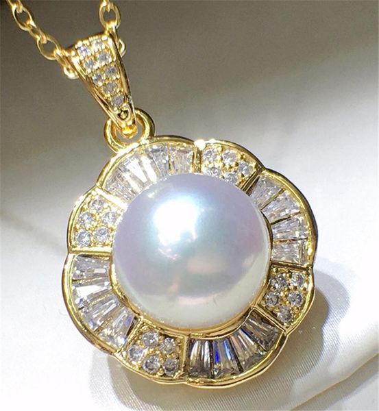 

pendant necklaces habitoo gorgeous natural 10-11mm white round freshwater pearl flower shape crystal cubic zircon necklace jewelry, Silver