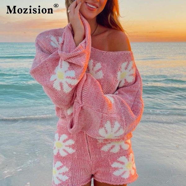 

women's tracksuits mozision fashion lounge wear casual knitted women tracksuit autumn long sleeve floral sweater and mini shorts two p, Gray