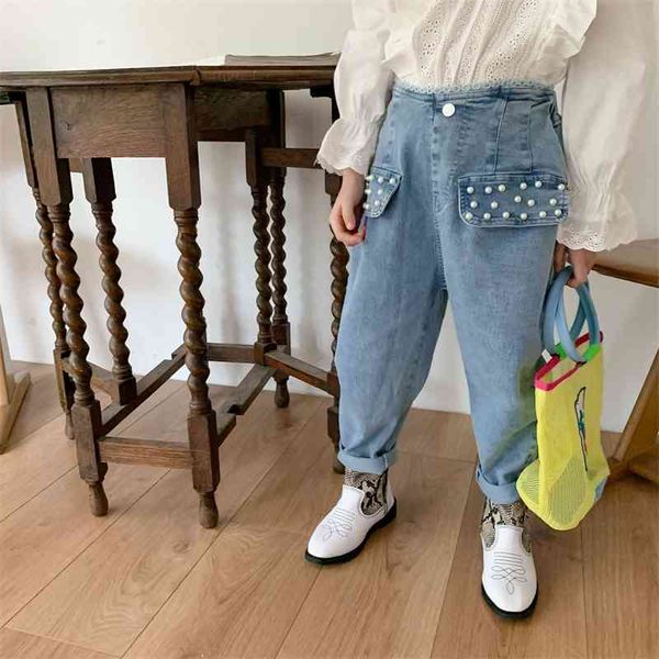 

spring arrival girls fashion denim pans kids jeans with pearl 210528, Blue