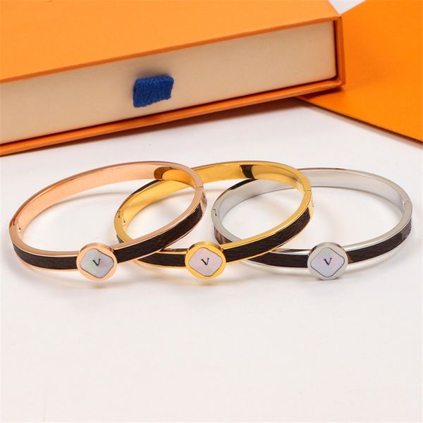 

titanium steel leather charm bracelets with box letter floral luxury bangle elegant simple fashion personality bracelet, Golden;silver