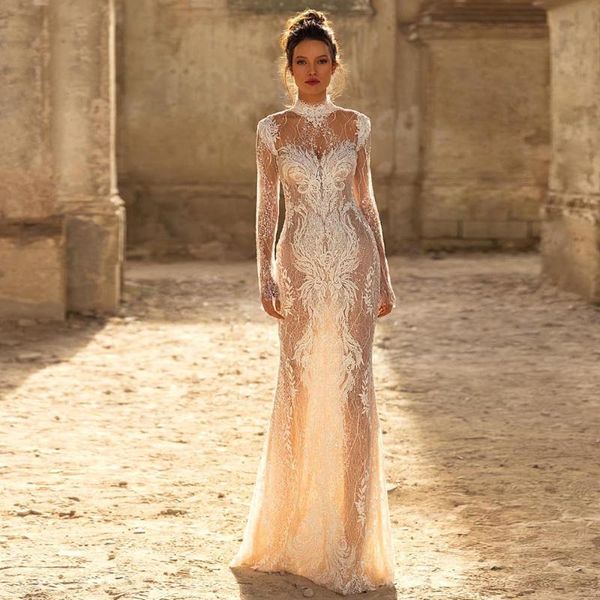 

other wedding dresses ivory high neck full sleeve sheath sequined floor-length with applique open back court train bridal gowns, White