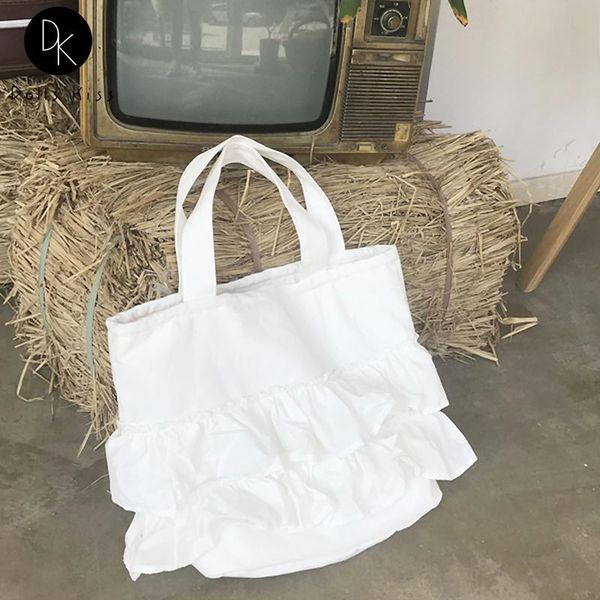

cross body women's canvas shopping bag ladies cake ruffled drawstring shoulder female grocery fashion casual tote for girls