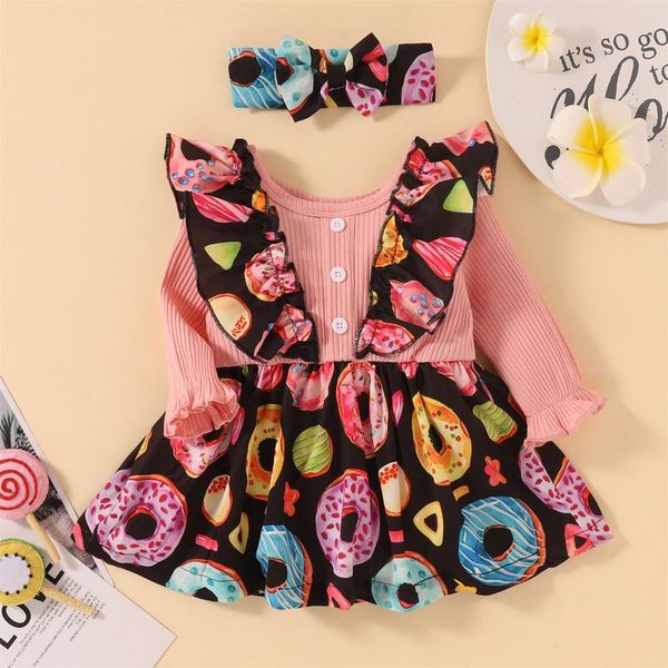 

girl's dresses baby girls autumn dress + headbands 2pcs sets born ribbed ruffle cartoon food long sleeve clothes for, Red;yellow