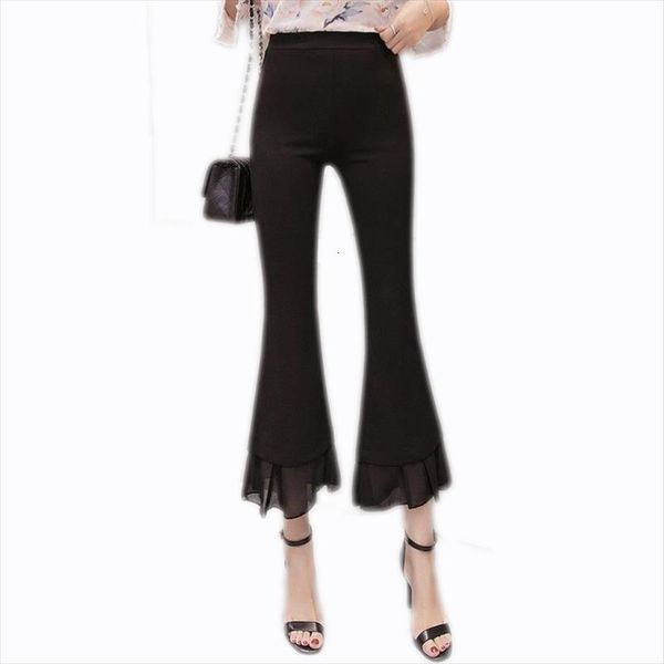 

spring chiffon spliced lace flare women capris slim skinny black legging elastic plus size flared trouser z189, Black;white