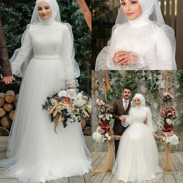 Мусульманин плюс размер свадебные платья свадебные платья многоуровневые тюль плисситы развертки поезда с длинными рукавами длиной до пола длина протяженностью формальное платье для приема SCEOND DESTIDO de Novia Custom