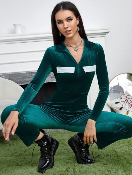 

contrast panel zip front velvet jumpsuit 00jp#, White