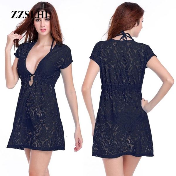 

ring center lace beach tunic 2021 deep v-neck cover ups neck-tie women beachwear long black dress women's swimwear, White;black