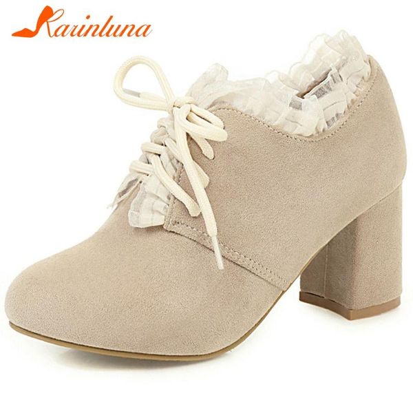 

dress shoes karin ladies high block heels pumps fashion lace-up women elegant spring autumn flock, Black