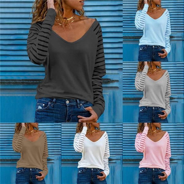 

women's t-shirt spring women t shirt v neck striped print fashion ladies 6 styles loose casual long sleeve, White
