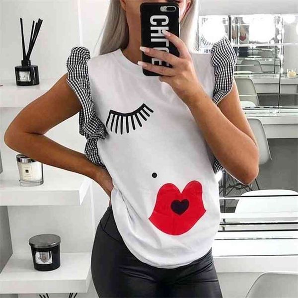 T Gömlek Kadın Yaz Kısa Kollu Ops Kawaii EES Seksi Dudaklar Kirpik Grafik Kafes Fırfır Beyaz Casual Gömlek Giysileri 210623