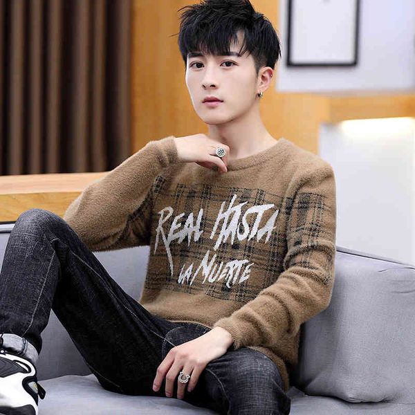 

sweater knit winter men's 19 korean round neck warm and thickened t shirts personalized thread jacket fashion, White;black