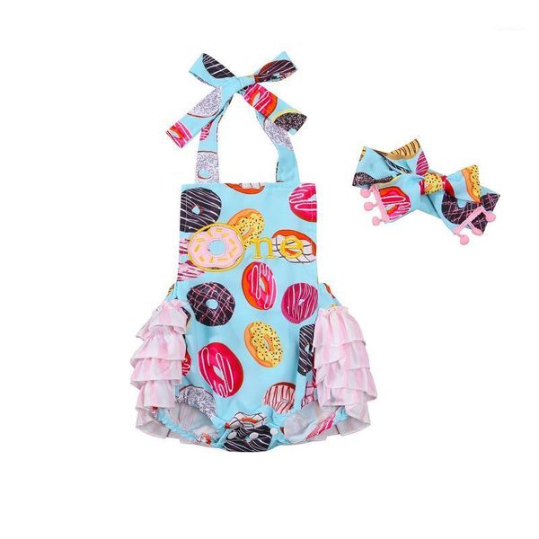 

rompers baby girls 2pcs summer outfits cute donut print ruffle halter backless romper with headband set sunsuit, Blue