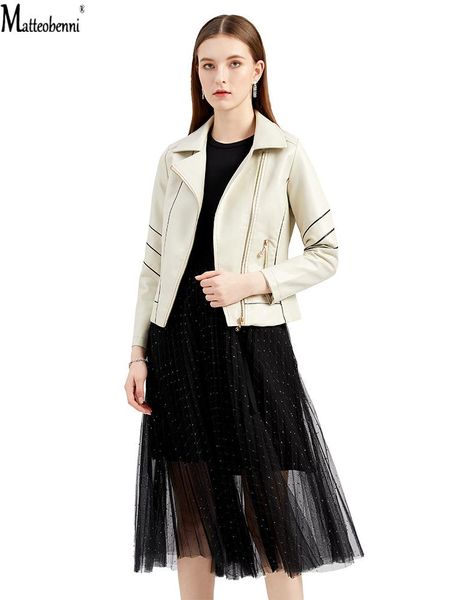 

women's leather & faux 2021 autumn winter pu jackets women stripe outerwear pocket zipper coat slim biker jacket red black womens cloth