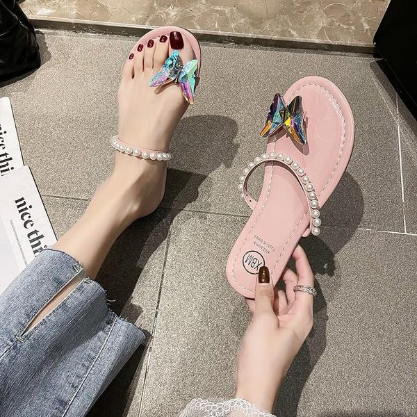 

slippers casual low summer women's shoes butterfly-knot rubber flip flops slides pantofle string bead luxury hawaiian 2021 flat, Black