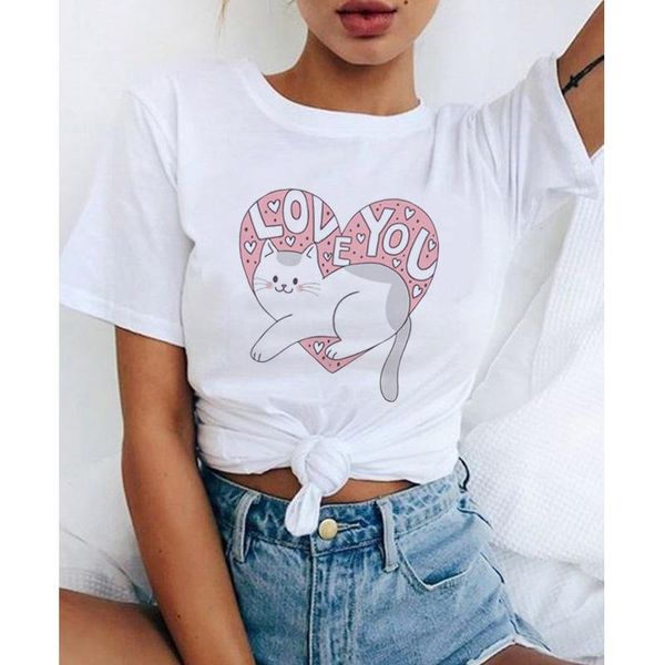 

cute cartoon cat i love you t shirts for women short white sleeve tshirt shirt 2021 summer couples heart kawaii graphic tee women's t-s