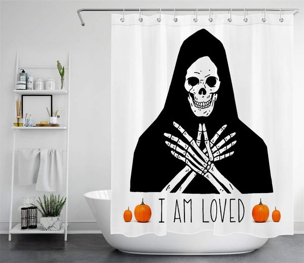 

halloween shower curtain skull skeleton with cloak bathing curtain,black and white design fun word and pumpkin on shower curtain