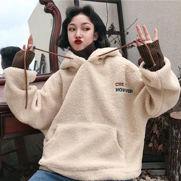 

women's hoodies & sweatshirts lambswool hooded letter print sweatshirt winter batwing sleeve thicken female hoody 2021 korean loose war, Black