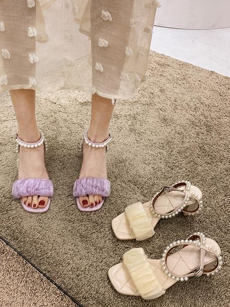 

buckle strap pearl sandals female shoe 2021 women's block heels girls beige chunky comfort fashion summer high scandals basi dress shoe, Black