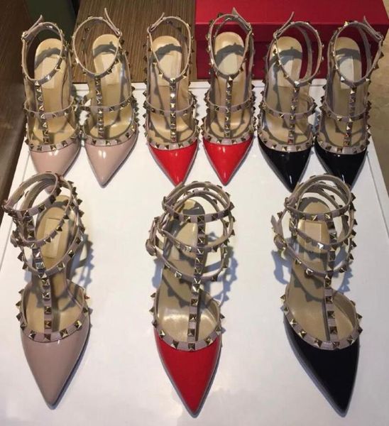 

dress shoes 2021 rivet pointed high heels classic luxury leather strap stiletto brand shallow mouth sandals v women wedding, Black