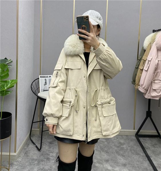 

women's fur & faux 2021 winter fashion one coat multi-wear parka female collar whole skin mid-length, Black