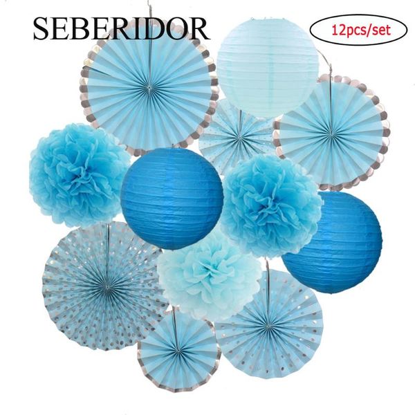 

party decoration kids boy mi primera comunion favor silver blue set paper fan lantern baby baptism wedding decor tissue flowers