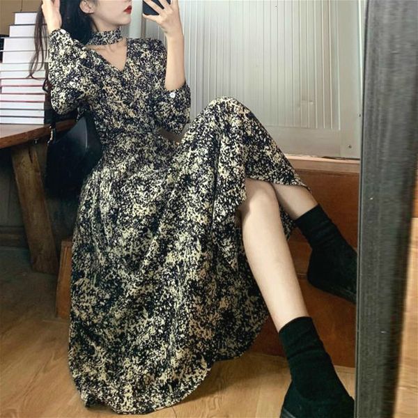 

dresses floral women vintage v-neck evening party midi female long sleeve fairy elegant one piece dress korean autumn, Black;gray