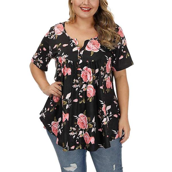 

plus size t-shirt large 5xl summer woman short sleeve button floral printed tshirts female loose casual women clothing, Black